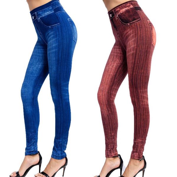 

autumn vertical stripes imitation jeans leggings slim hip ankle-length pants, Black