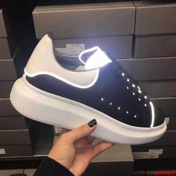 

casual shoes men luxury leather sneaker women low shoe designer thick bottom lace-up style with sliver reflective strip black and white