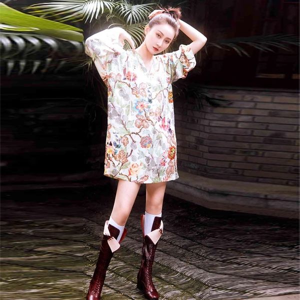 

european and american high-quality catwalk printed long-sleeved loose temperament dress, Black