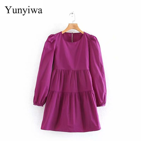 

2020 women elegant o neck purple dress puff sleeve office wear female casual solid mini dresses stylish vestidos mujer, Black;gray