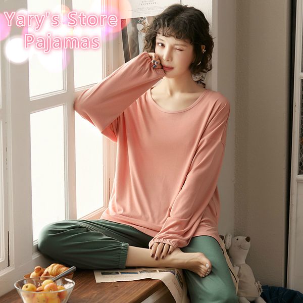 

womens pajamas spring&autumn pajama lady pure color cotton round collar casual comfortable home wear suit large size thin fabric, Black;red