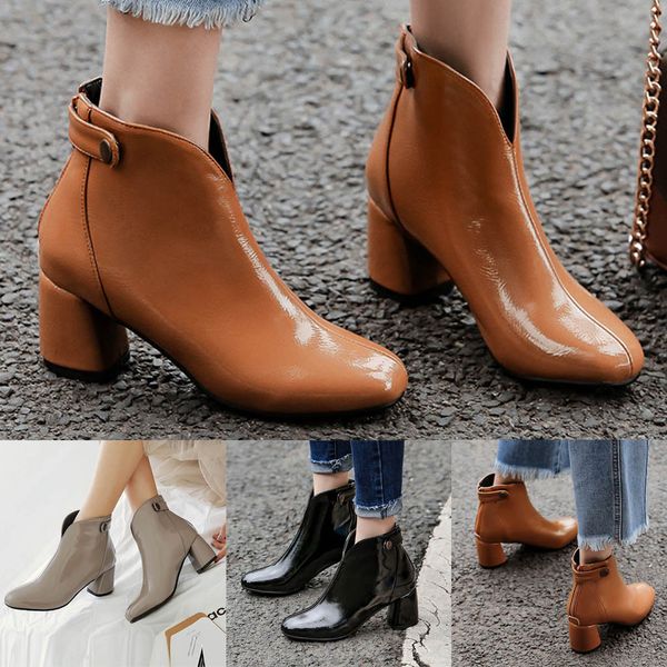 

ladies fashion pure color square toe zipper boots chunky heels vintage women boots square head zipper with retro, Black