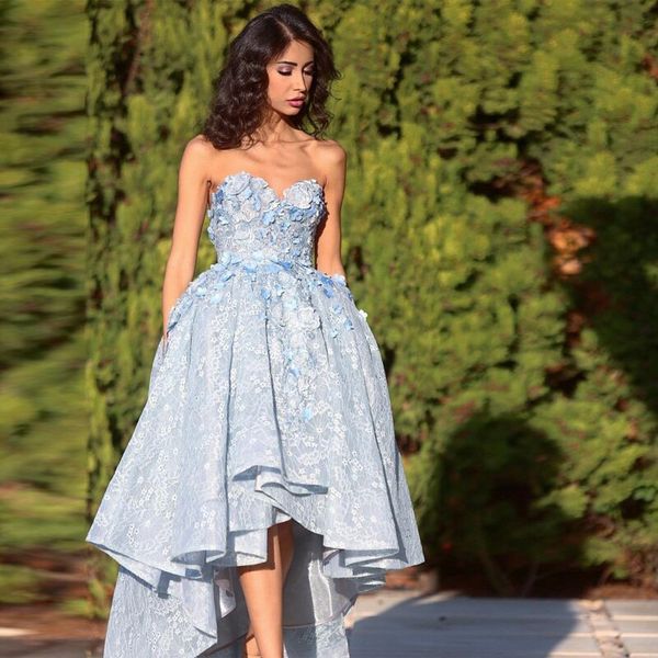 

Gorgeous Sly Blue Ball Gown Evening Dresses Sweetheart Lace Evening Gowns Formal Wear High Low Prom Dress Plus Size Robe De Soiree