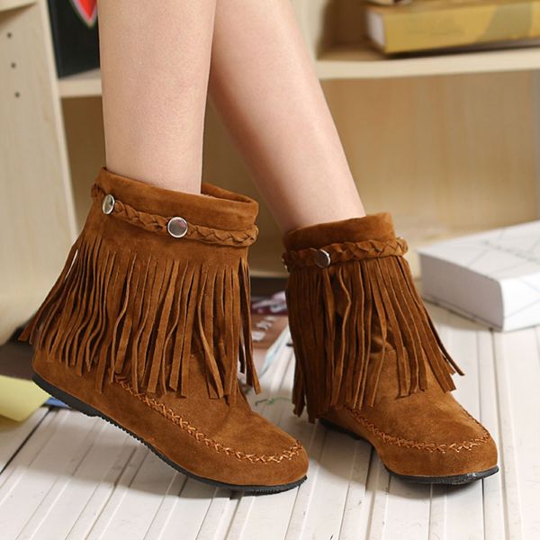 

new 2019 winter high heel boots warm fringe metal buckle winter shoes women's boots ladies fashion pu suede ankle snow, Black