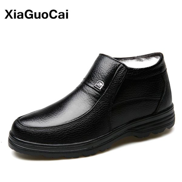 

men ankle boots warm black snow boots man genuine leather outdoor plush male shoes british business fur footwear