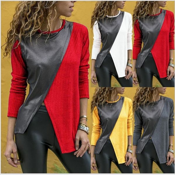 

2019 women's color contrast stitching round collar long sleeve t-shirt 2019 women's color contrast stitching round collar long sle, White