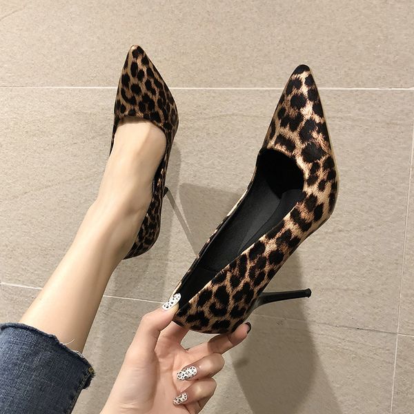 

autumn leopard women shoes high heels elegant office pumps shoes women animal print pointed toe luxury singles shoes female, Black