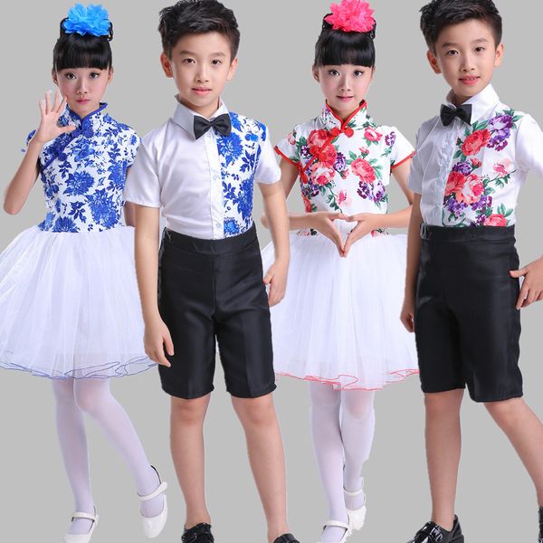 

children blue and white porcelain costume primary school student's choral service children guzheng poetry reading classical chin, Red;yellow