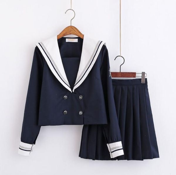 

японская школьная форма для женщин корейский военно-морской флот матрос хлопок школьная форма для девочек плиссированная юбка+рубашка с длин, White