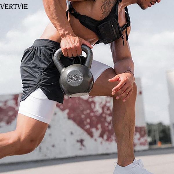 

vertvie men's music shorts 2 in 1 running shorts security pockets quick drying sport built-in pockets hips zipper, Black;blue