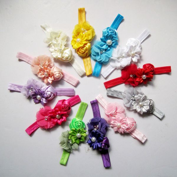 

infant baby solid color flower pearl headbands girl headwear pgraphy props newborn bow hair accessories hairbands, Slivery;white