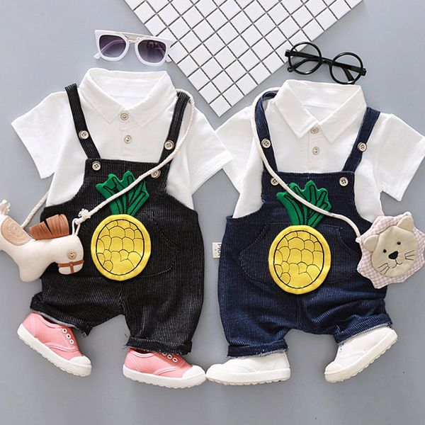 

2019 children kids clothing toddler baby boy sets cartoon stripe lapel tops t-shirt+suspender short outfits set conjunto niña, White