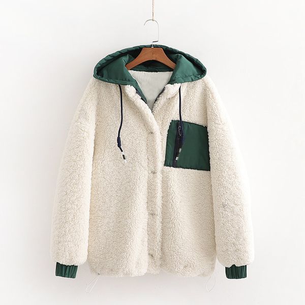 

women winter lambswool patchwork jacket 2019 fashion girls hoodied zipper buttons full sleeve female highstreet cool outwears, Black;white