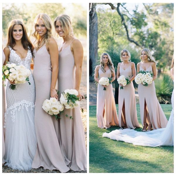 

2019 spaghetti strips slim mermaid long bridesmaids dresses simple formal honor of maid custom vestidos de bridesmaid prom gowns, White;pink