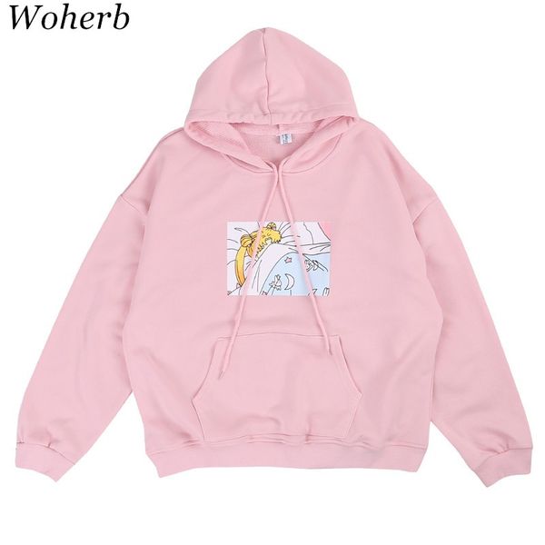 

woherb funny cartoon printed women sweaters 2019 japanese fashion pullovers long sleeve casual hooded 64095, White;black