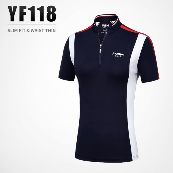 

pgm spring summer golf apparel women's breathable quick-drying stitching color zip collar short-sleeved t-shirt golf sportswear, Black;blue