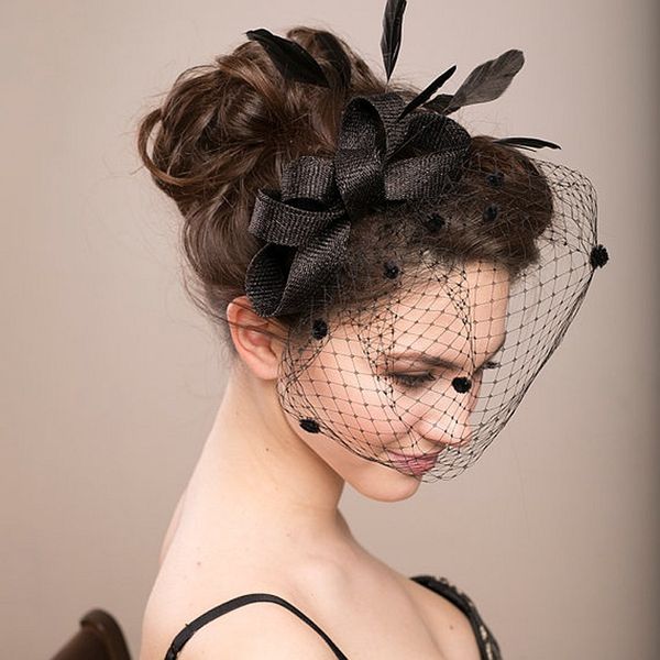 

bridal bridesmaid hairband bridal veil hair bow hat head flower marriage pgraph portrait feather covering face gauze head ornaments, Silver