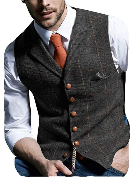 

men suit notched lapel vest slim fit wool tweed herringbone waistcoat men's casual vest groom wedding suits jacket business suit vest, Black;white