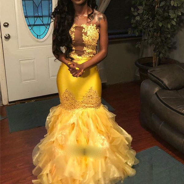 

yellow mermaid evening dress ruffles illusion prom robe soiree islamic dubai kaftan saudi arabic evening gown, Black