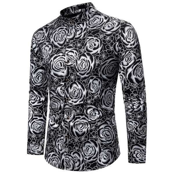 

floral print mens shirts men's casual slim fit printed long-sleeved printed formal blouse camisa masculina plus size, White;black