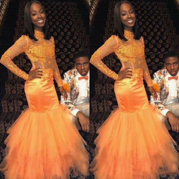 

high neck long sleeves mermaid prom dress elegant ruched tulle zipper back lace appliqued floor length formal party evening gown, Black