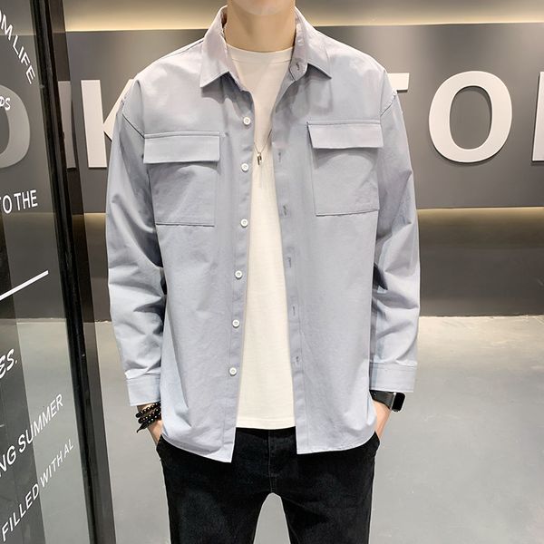 

2020 весна мужская рубашка мужские карманные повседневные твердые рубашки с длинным рукавом мужская осень корейская мода рубашки высокого ка, White;black