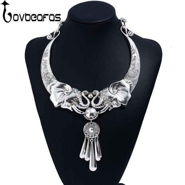 

lovbeafas vintage choker statement women necklace tibetan silver carved elephant tassel collar collier necklace accessories, Golden;silver
