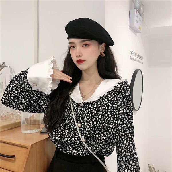 

vintage look flower blouse spring ruched hem flare sleeve shirt women chemise femme chemisier blusa mujer camisa, White