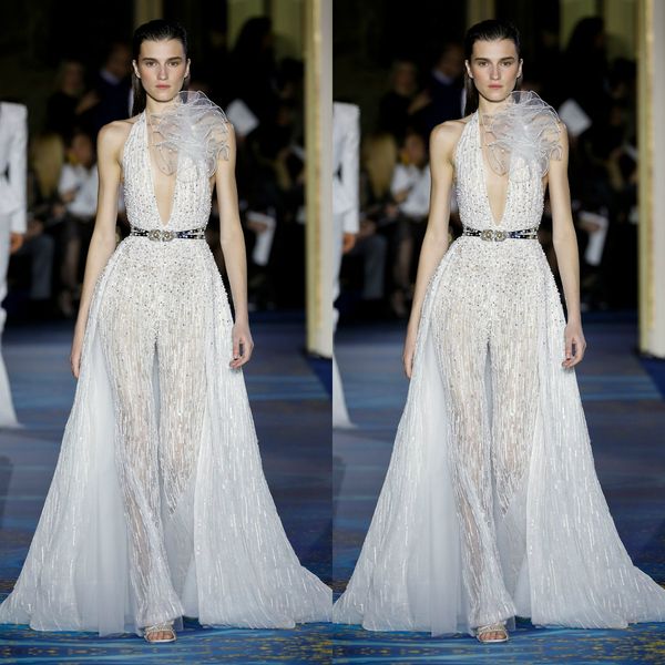 

zuhair murad пром платья 2019 холтер шеи женские комбинезоны с отстегивающимся шлейфом аппликация вечерние платья из бисера плюс размер вече, Black