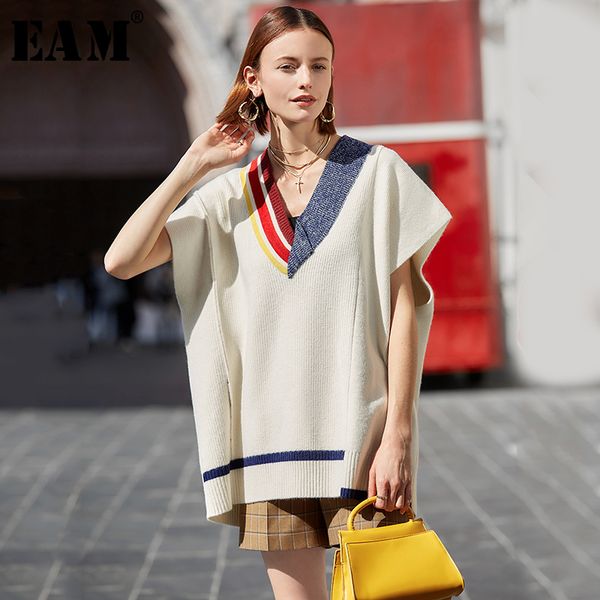 

eam] contrast color big size knitting sweater loose fit v-neck short sleeve women pullovers new fashion tide spring 2020 1s064, White;black