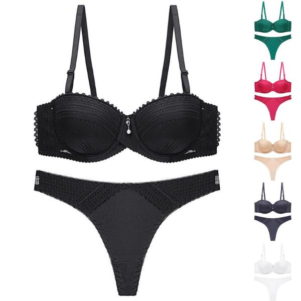 

women's lace bra female underwire lingerie pure color bras thin section seamless adjustment gathered underwear set, Red;black