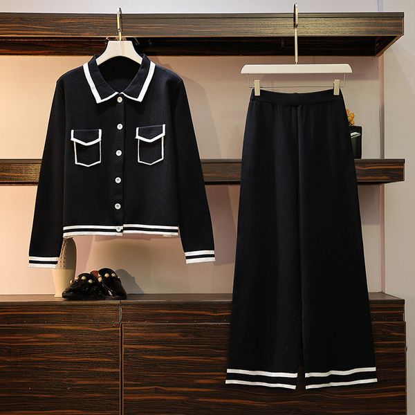 

большой размер женщин одежда 2020 новая осень вязаные широкий ноги брюки темперамент двухсекционный установить повседневная мода вязание out, White