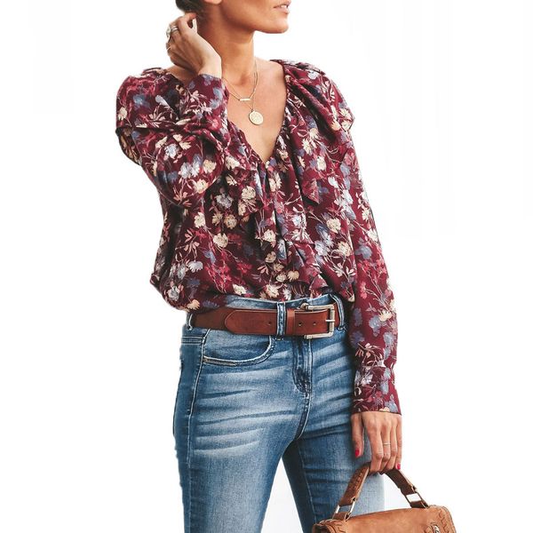 

new ins flral print 100% chiffon long bell sleeve v-neck and fahson ladeis blouse s-xl beige and wine ing, White