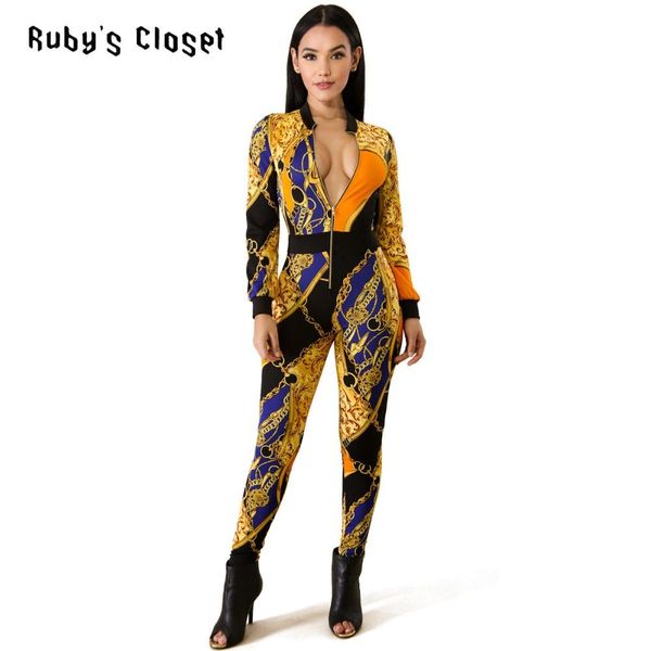 

шкаф золотой цепи отпечатанные женщины руби осень комбинезонов молния высокой талии bodycon комбинезон модный комбинезон zsc-y048, Black;white