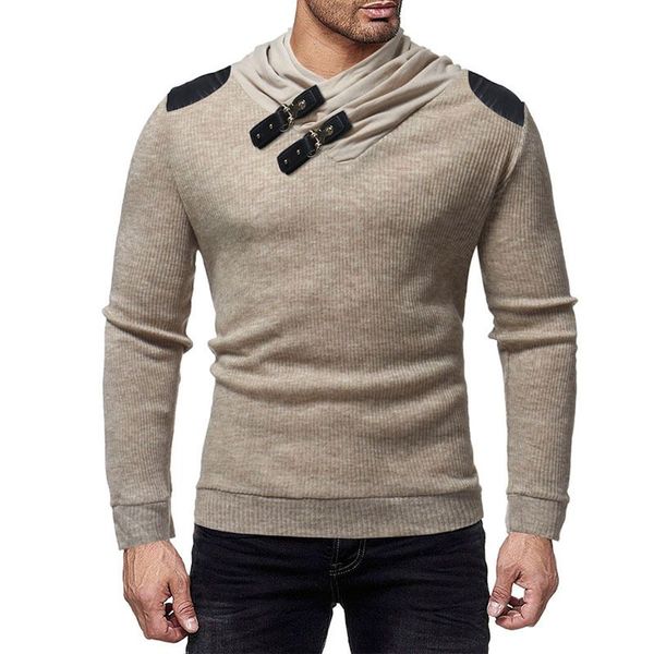 

new men pile collar stitching long sleeve slim leather buckle decorative solid color sweater fashion casual clothes, White;black