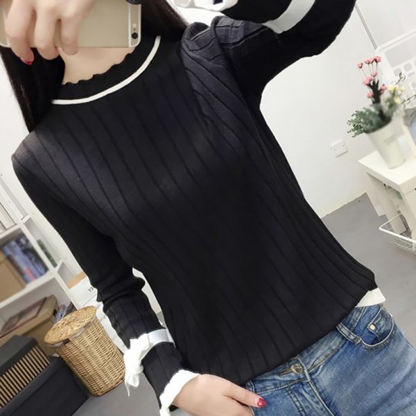 

women autumn casual pullovers female patchwork sweaters fashion wooden ear bow flare long sleeve o neck sweater, White;black
