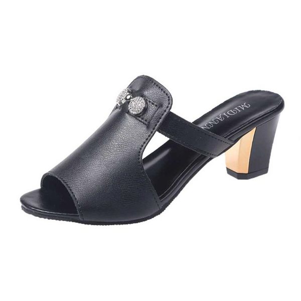 

women summer 2020 durable high-heeled shoes fish mouth chunky female slippers comfortable beach slippers leisure simple shoes, Black
