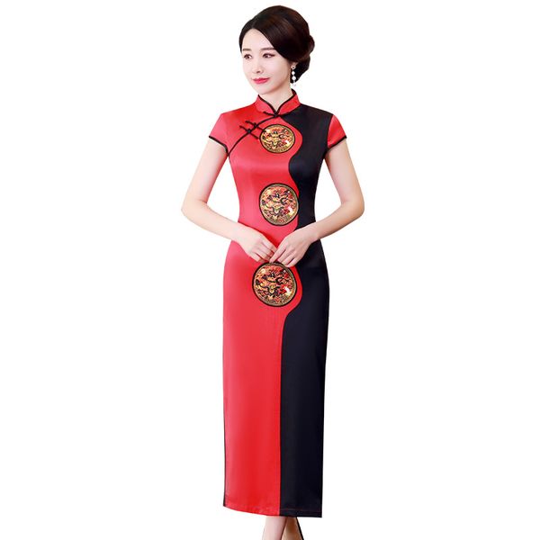 

oversize 4xl women short sleeve long dress silm qipao chinese traditional women dress vintage lady evening cheongsam, Red