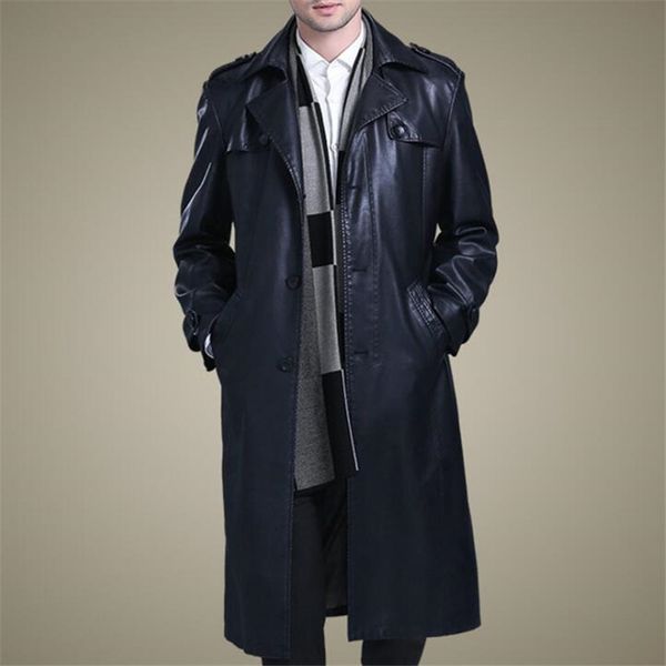 

luo xiu 3xl leather jacket male business casual leather trench coat slim double-breasted thicken long paragraph overcoat 2019, Black