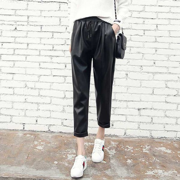 

pants women 2020 new fashion pu leather women's pants casual loose elastic waist harem women pantalon femme trousers, Black;white