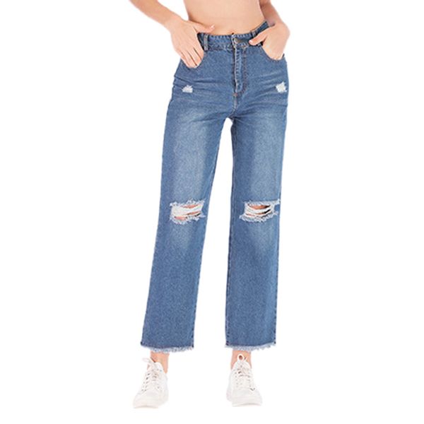 

ripped denim women jeans pants straight long baggy high waist girl plus size capris trousers slim pantalones wide leg casual, Blue