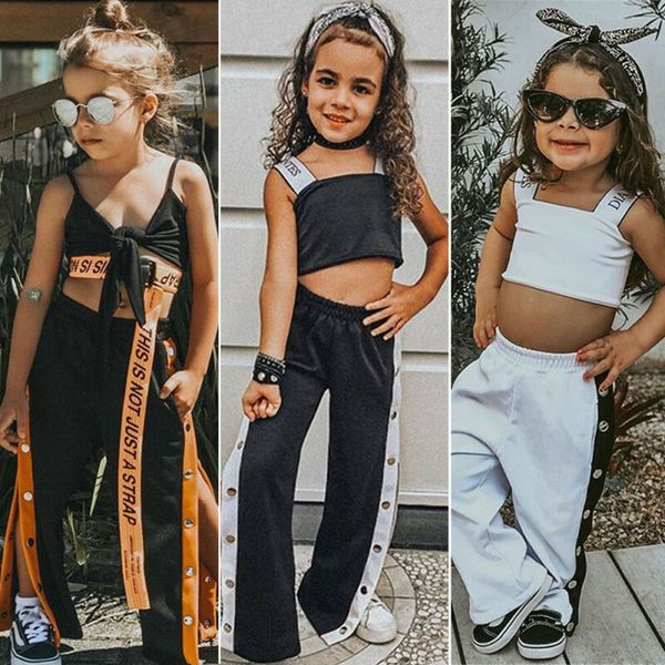 

2020 fashion baby girl 2 pcs tracksuit summer clothes set toddler kids crop strap vest button pants girls casual outfit, White