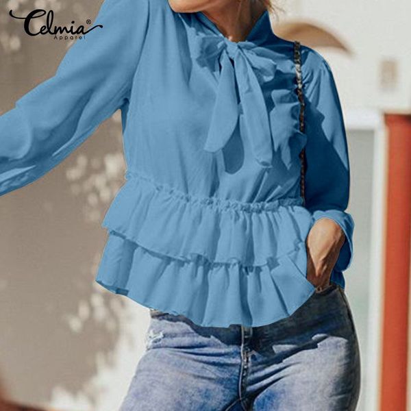 

2019 celmia women fashion long sleeve blouses casual bow tie loose shirt elegant office work ruffles ladies blusas feminina, White