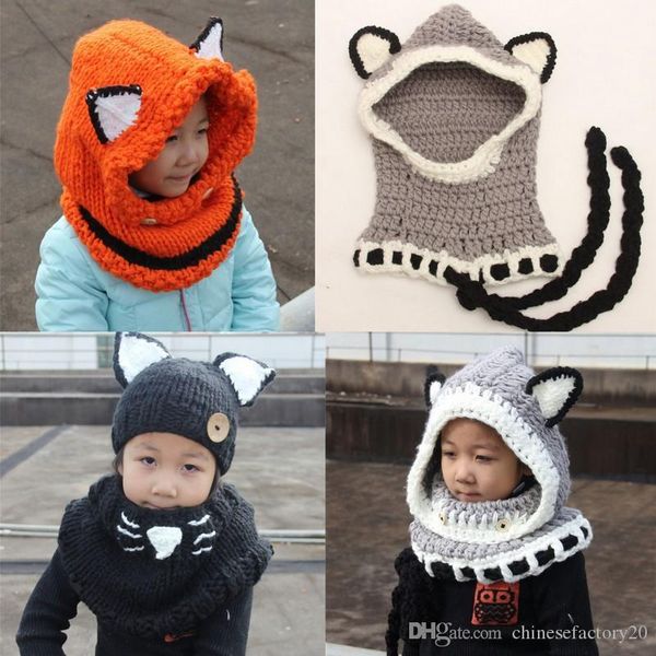 

baby boys girls kids fox hat scarf children neck warmer wrap beanie crochet collar cartoon windproof fox ear hats, Yellow