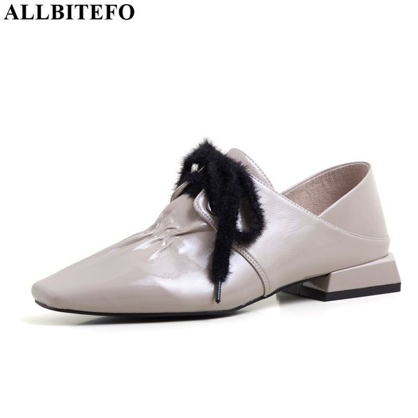 

allbitefo high heels genuine leather women high heel shoes comfortable lace up pointed toe thick heel women heels, Black