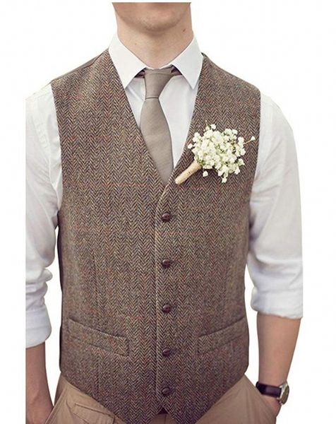 

2020 plus size country brown groom vests for wedding wool herringbone tweed custom made slim fit mens suit vest farm prom dress, Black