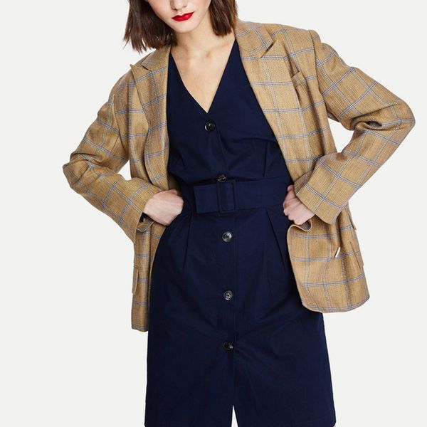 

autumn and winter women's blazer loose style casual plaid double-breasted pocket decorative jacket blazer, White;black