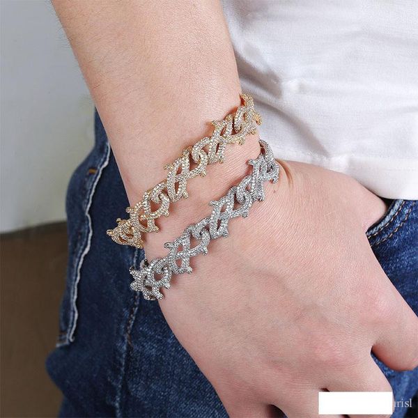 

new iced out full zircon thorns cuban chain bracelets hip hop jewelry brass gold silver plated mens bracelets 7 8 inch, Black