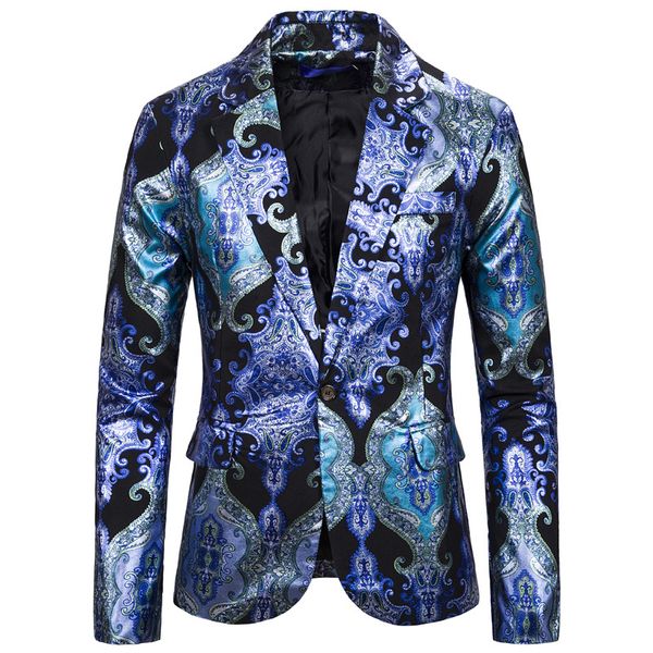 

blue black paisley blazer men slim fit blazer masculino 2019 fashion single button mens jacket stage clothes for singers, White;black