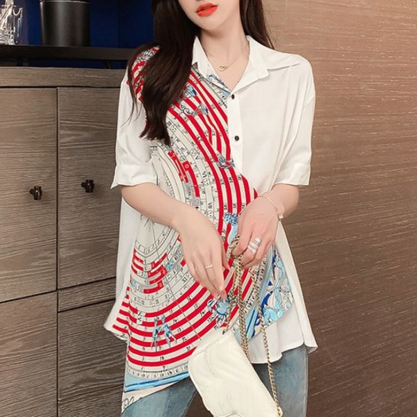 

[ewq] 2020 summer new vintage turn-down collar long sleeve womens blouses korea plus size print stitching ladies shirt qv93, White